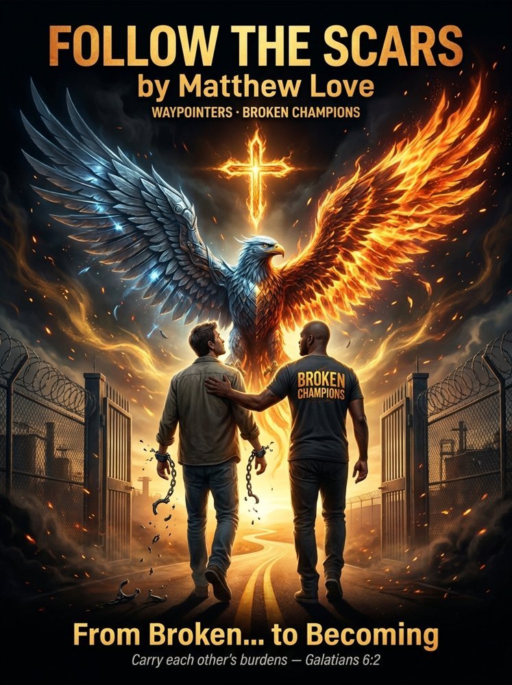 Follow the Scars album cover — a returning citizen and a Broken Champions mentor walking out through a prison gate with broken chains, a phoenix-eagle with one steel wing and one wing of fire rising behind them beneath a burning cross.